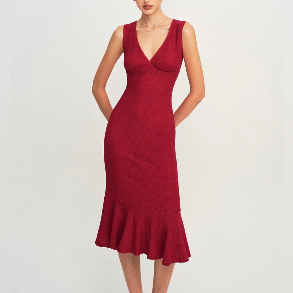 Rihoas Red V Neck A-Line Midi Dress